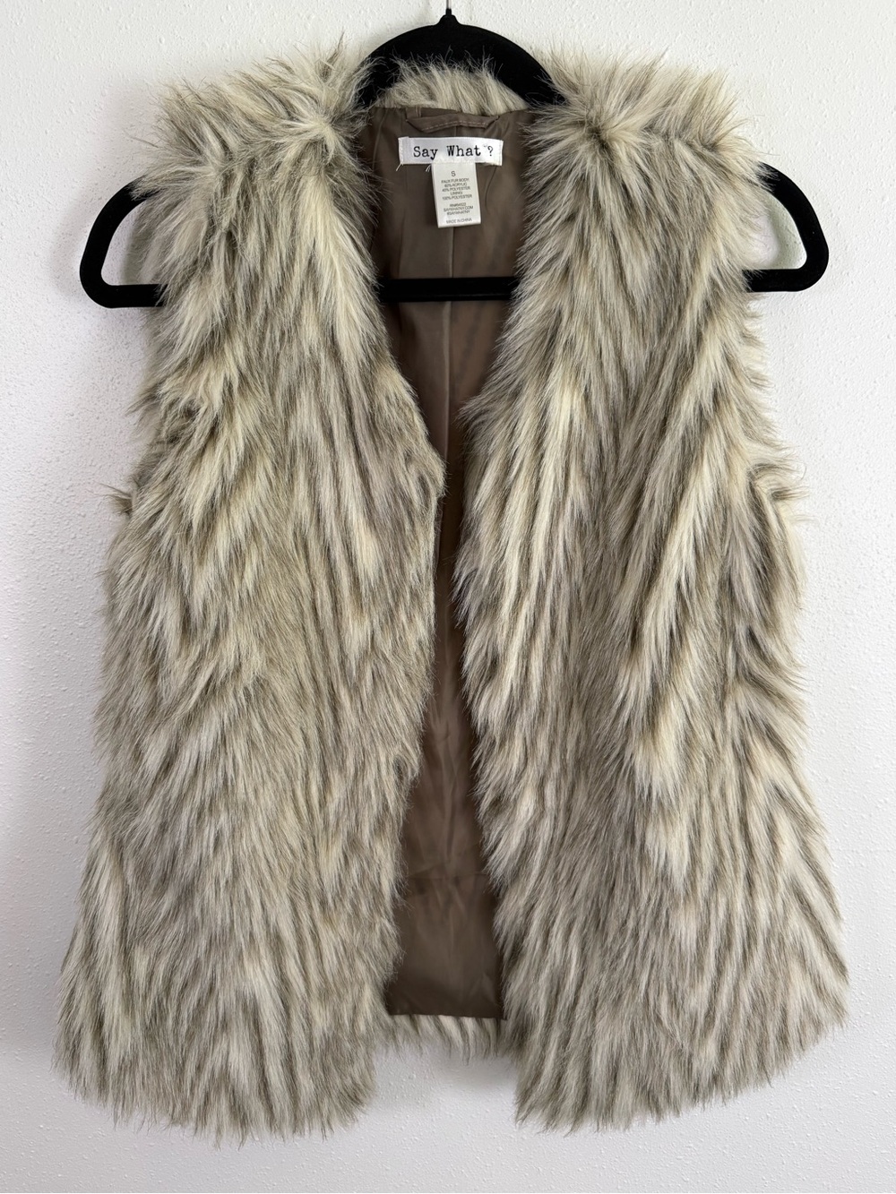Say What? Faux Fur Vest Size Small Gray Cream Shaggy Longline